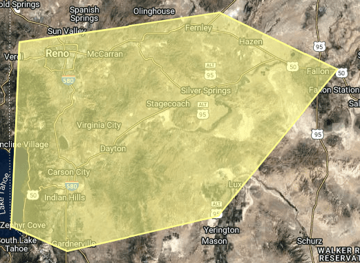 A map showing the boundaries of the serviced areas for Wilson Tree Works based out of Dayton, NV